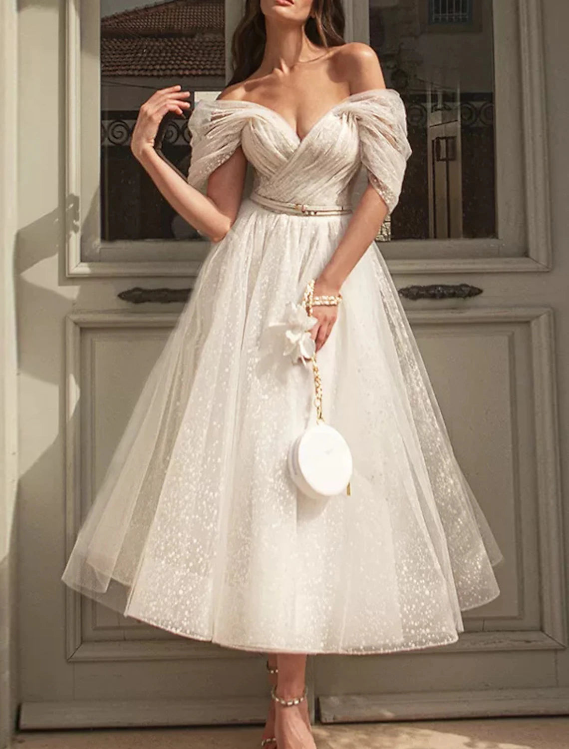 Buyishang A-Line Cocktail Dresses Elegant Dress Wedding Guest Graduation Tea Length Short Sleeve Off Shoulder Sequined with Sash / Ribbon Ruched Sequin